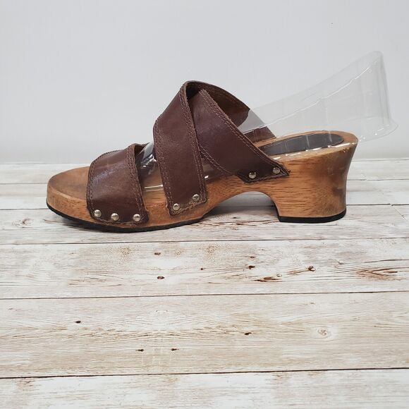 Y2K Candie's Wooden Chunky Heels w/Platform, VTG Brown Leather Sandals, Size: 5 - Picture 5 of 10